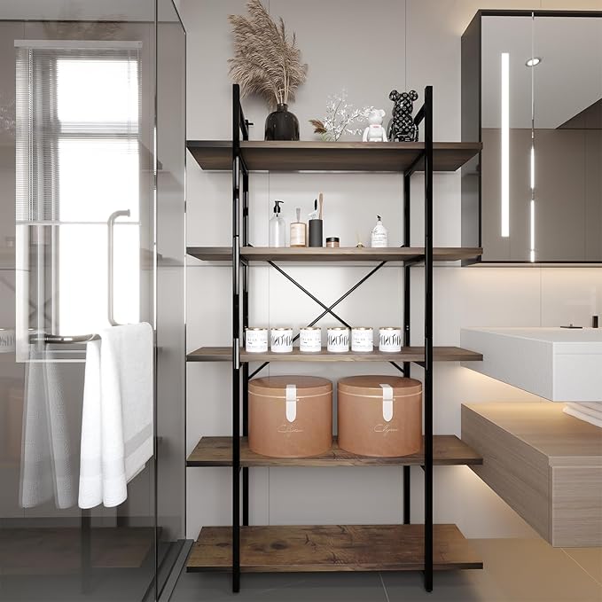 5 Tiers Bookshelf Organizer Industrial shelf,Modern Open Display Storage Bookcase,Rustic Brown and Metal Bookshelf Standing Storage Shelf Tall Shelving Units for Home Office Study. - LeafyLoom