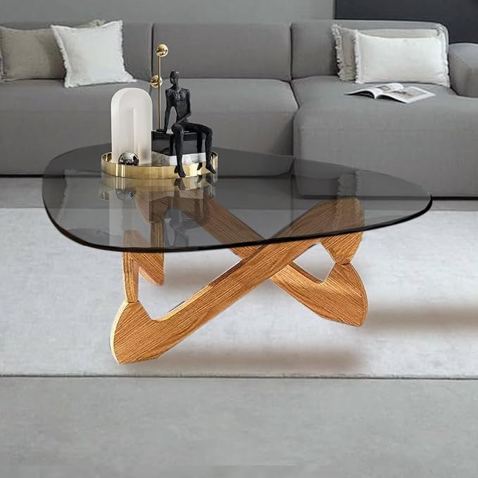 Triangle Coffee Table Glass Coffee Table for Living Room Clear Glass Coffee Table with Solid Wood Base Mid Century Modern Coffee Table for Small Spaces (Wood-Gray, 35.8in) - LeafyLoom