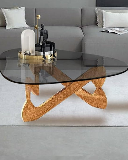 Triangle Coffee Table Glass Coffee Table for Living Room Clear Glass Coffee Table with Solid Wood Base Mid Century Modern Coffee Table for Small Spaces (Wood-Gray, 32.3in) - LeafyLoom