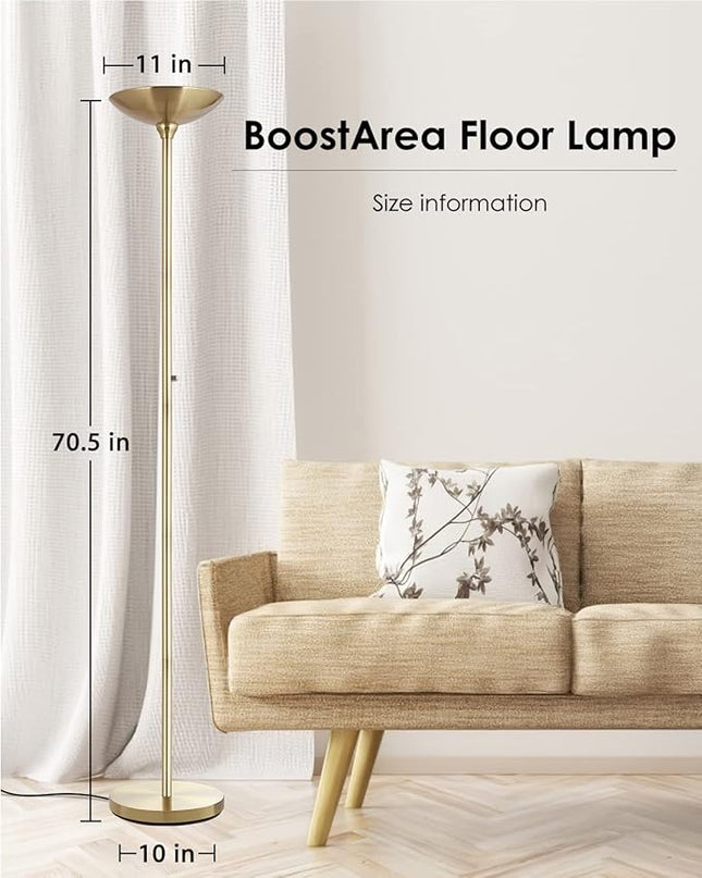 BoostArea Torchiere Floor Lamp Gold, 24W Super Bright LED Standing Lamp, 3000K Stepless Dimmable Pole Lamp with Rotary Switch, 70 Inch Tall Metal Modern Floor Lamps for Living Room/Bedroom/Office/Den - LeafyLoom