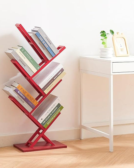 5 Tier Tree Bookshelf, Wisdom Tree Bookshelf, Modern Corner Book Shelfe, Small Bookshelf for Small Spaces, Utility Organizer for CDs/Books/Home Office/Living/Bedroom Room-Red - LeafyLoom