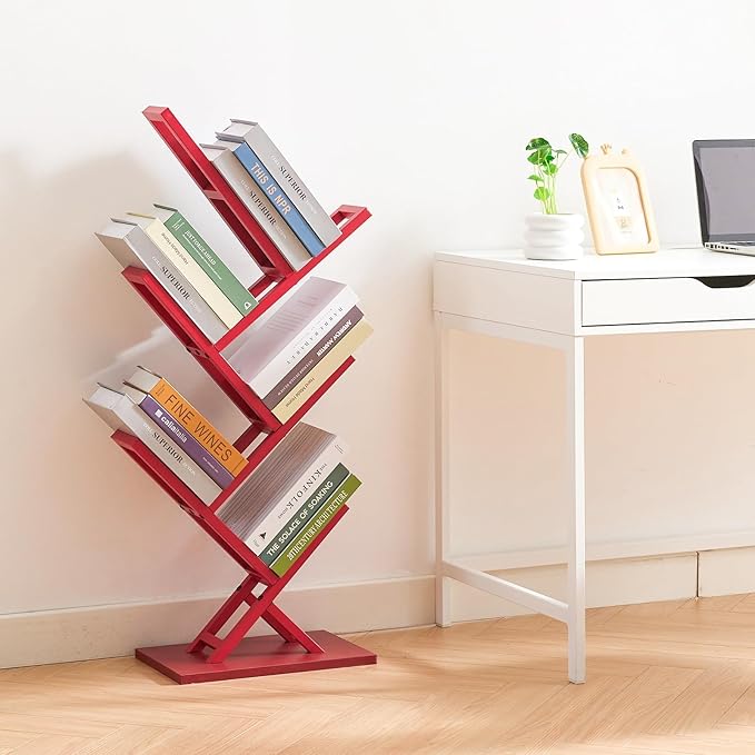 5 Tier Tree Bookshelf, Wisdom Tree Bookshelf, Modern Corner Book Shelfe, Small Bookshelf for Small Spaces, Utility Organizer for CDs/Books/Home Office/Living/Bedroom Room-Red - LeafyLoom