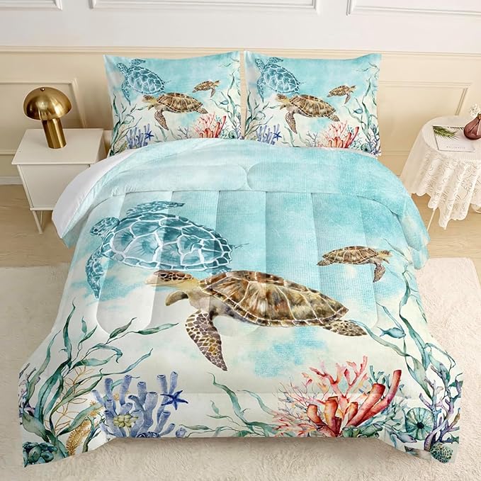 CVHOUSE Ocean Watercolor Sea Turtle Comforter Set, Queen Size, 1 Comforter, 2 Pillowcases, Polyester, for Adult, Teen, Kid, Modern Style, Unisex, Winter, Fall, Spring, Machine Wash - LeafyLoom