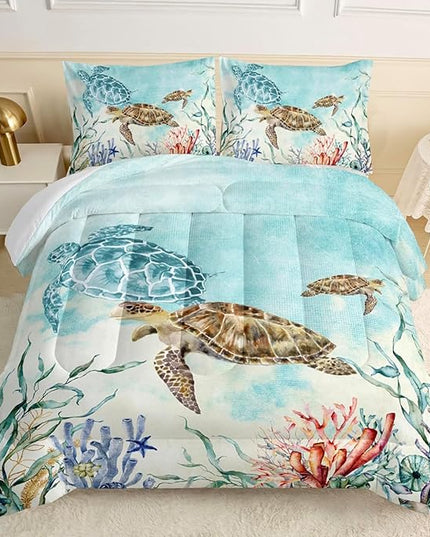 CVHOUSE Sea Turtle Comforter Set,Ocean Watercolor Sea Turtle Bedding Set for Kids Teens,Ocean Sea Turtle Comforter Sea Turtle Duvet Set Room Decor Quilt Set Full Size - LeafyLoom