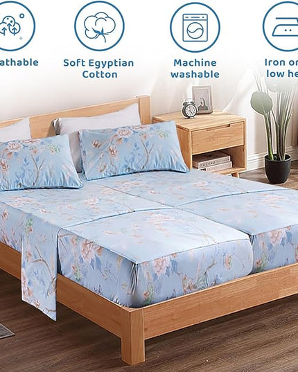 QSH 100% Cotton Floral Sheets for Split King Size Bed, Blue Flowers Plant Pattern Botanical Luxury Cotton Printed Floral Bedding Split King Sheet with Deep Pockets 17" Soft and Breathable 5pcs - LeafyLoom