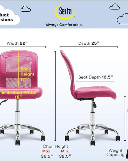 Serta Essential Armless Desk Chair Small TaskChair with Wheels, Breathable Mesh Back, SertaQuality Foam Cushion Seat for Comfort, Functional, Lightweight and Versatile, Task, Pink - LeafyLoom