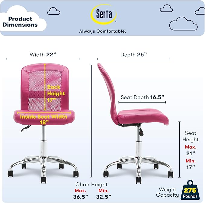 Serta Essential Armless Desk Chair Small TaskChair with Wheels, Breathable Mesh Back, SertaQuality Foam Cushion Seat for Comfort, Functional, Lightweight and Versatile, Task, Pink - LeafyLoom