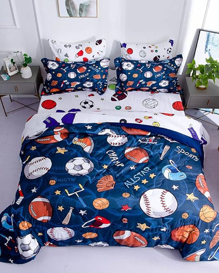 Wajade Sports Comforter Set - 7 Piece Queen Bedding with 3D Soccer, Basketball, Baseball, Football Design for Kids - LeafyLoom