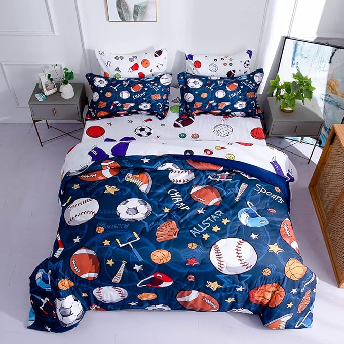 Wajade Sports Comforter Set - 7 Piece Queen Bedding with 3D Soccer, Basketball, Baseball, Football Design for Kids - LeafyLoom