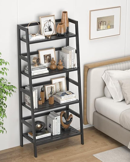 Homykic Bamboo Bookshelf 4-Tier Ladder Shelf, 49.2” Freestanding Open Bookcase Book Shelf Bathroom Storage Shelf Unit Plant Stand for Small Space, Living Room, Bedroom, Home Office, Black - LeafyLoom