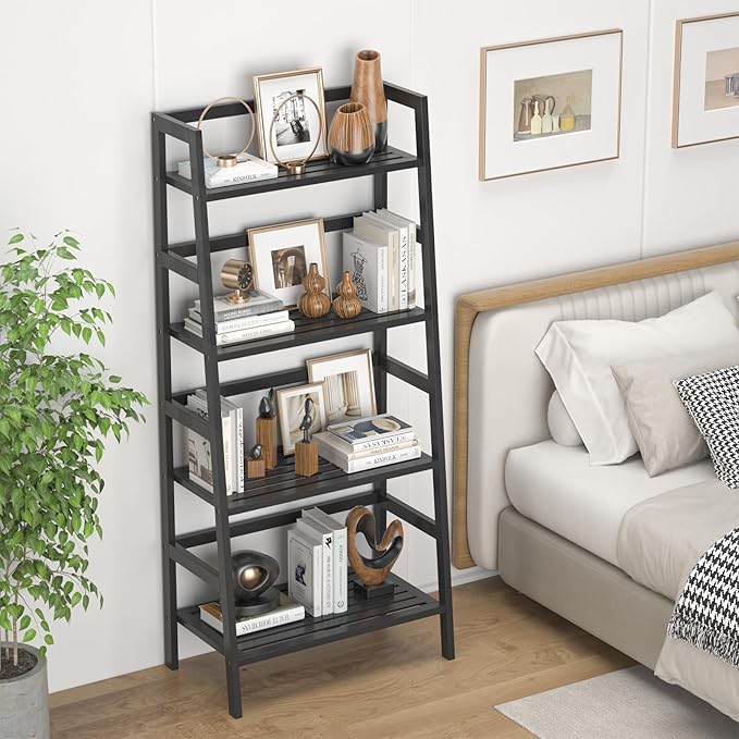 Homykic Bamboo Bookshelf 4-Tier Ladder Shelf, 49.2” Freestanding Open Bookcase Book Shelf Bathroom Storage Shelf Unit Plant Stand for Small Space, Living Room, Bedroom, Home Office, Black - LeafyLoom