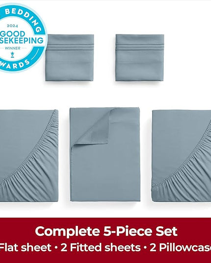 Mellanni Extra Deep Split King Sheets - 5 PC Iconic Collection Bedding Sheets & Pillowcases - Hotel Luxury, Ultra Soft, Cooling Bed Sheets - Extra Deep Pocket up to 21 inch (Split King, Spa Blue) - LeafyLoom