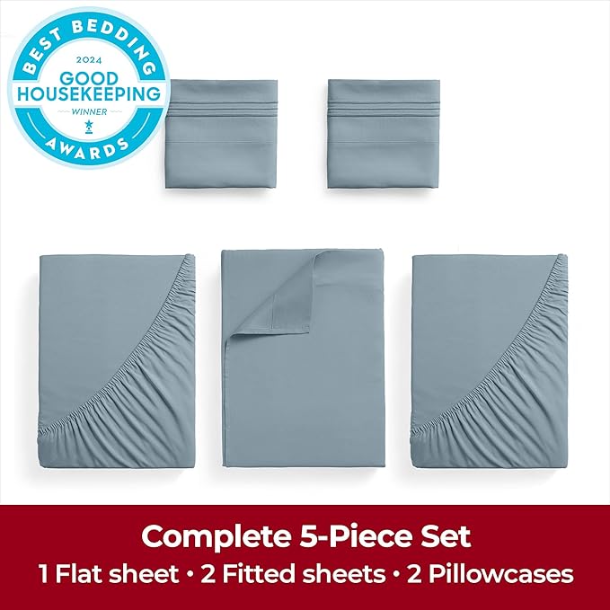 Mellanni Extra Deep Split King Sheets - 5 PC Iconic Collection Bedding Sheets & Pillowcases - Hotel Luxury, Ultra Soft, Cooling Bed Sheets - Extra Deep Pocket up to 21 inch (Split King, Spa Blue) - LeafyLoom