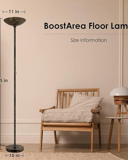 BoostArea Torchiere Floor Lamp Antique Bronze, 24W Super Bright LED Standing Lamp, 3000K Dimmable Pole Lamp with Rotary Switch, 70 Inch Tall Metal Modern Floor Lamps for Living Room/Bedroom/Office/Den - LeafyLoom