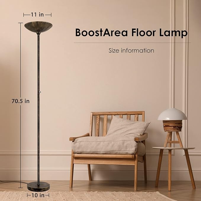 BoostArea Torchiere Floor Lamp Antique Bronze, 24W Super Bright LED Standing Lamp, 3000K Dimmable Pole Lamp with Rotary Switch, 70 Inch Tall Metal Modern Floor Lamps for Living Room/Bedroom/Office/Den - LeafyLoom