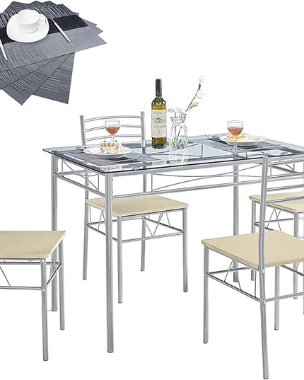VECELO Kitchen Dining Room Table and Chairs 4, 5-Piece Dinette Sets, Space Saving (Silver), Silvery - LeafyLoom