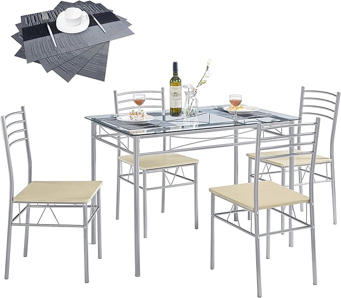 VECELO Kitchen Dining Room Table and Chairs 4, 5-Piece Dinette Sets, Space Saving (Silver), Silvery - LeafyLoom
