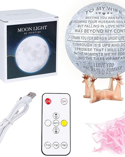 Engraved 3D Moon Lamp Anniversary Valentine‘s Gift for Wife, to My Wife Gifts from Husband, Personalized 5.9 Inch 3D Printing Moon Light Gift for Wife Birthday Mother's Day Gift - LeafyLoom