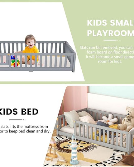Multifunctional Twin Size Floor Bed with Safety Guardrails and Door, Removable Wood Slats, Montessori Beds Frame for Toddlers, for Boys and Girls, Gray - LeafyLoom