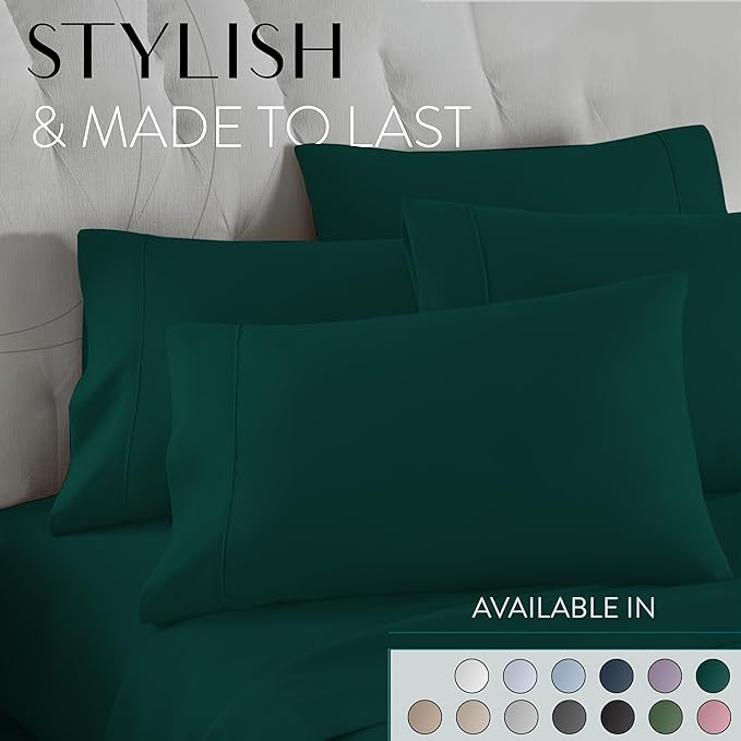 Danjor Linens Queen Sheet Set - 6 Piece Set Including 4 Pillowcases - Deep Pockets - Breathable, Soft Bed Sheets - Wrinkle Free - Machine Washable - Forest Green Sheets for Queen Size Bed - 6 pc - LeafyLoom
