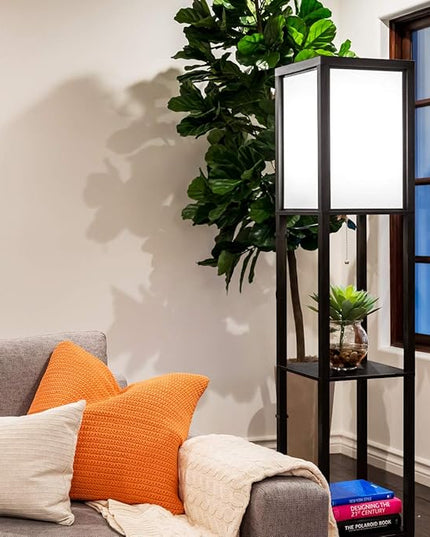 Brightech Maxwell - Modern Shelf Floor Lamp with Shade and LED Bulb Corner Display Lamps Shelves for Living Room, Bedroom Office Black - LeafyLoom
