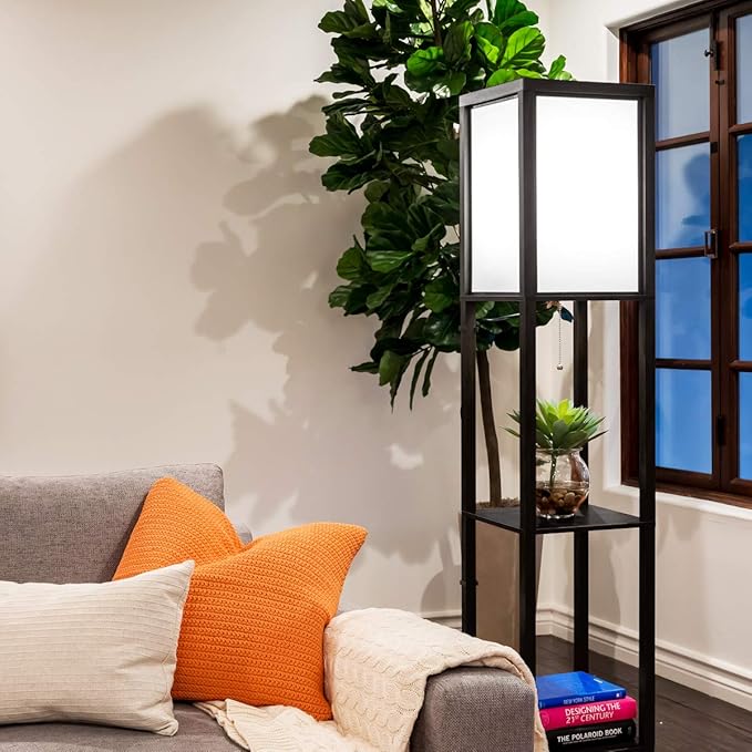 Brightech Maxwell - Modern Shelf Floor Lamp with Shade and LED Bulb Corner Display Lamps Shelves for Living Room, Bedroom Office Black - LeafyLoom