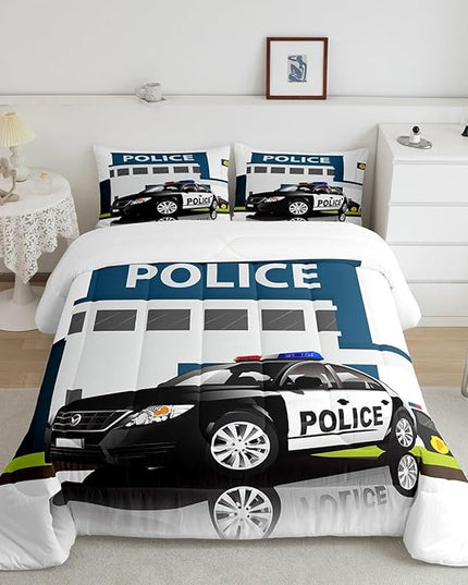 Children Police Car Comforter Set, 3D Car Pattern Down Comforter Twin Size for Kids Boys Girls Teens Bedroom, Cartoon Automobile Quilted Duvet, Decorative 2 Piece Bedding Set with Pillow Case - LeafyLoom