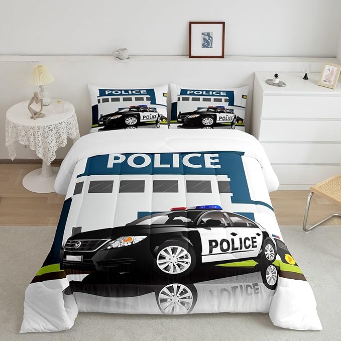 Children Police Car Down Comforter, 3D Car Pattern Comforter Set Queen Size for Kids Boys Girls Teens Bedroom, Cartoon Automobile Quilted Duvet, Decorative 3 Piece Bedding Set with 2 Pillow Cases - LeafyLoom
