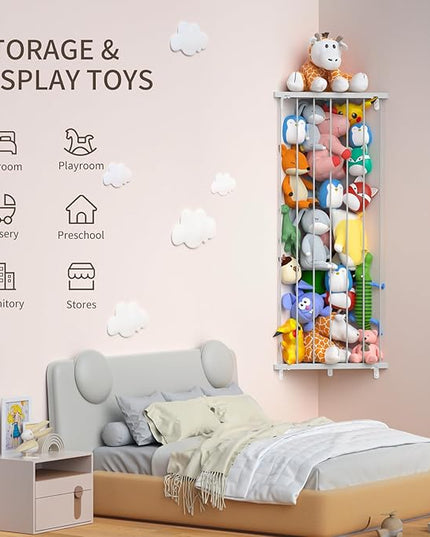 Stuffed Animal Storage Toy Organizer: Corner Stuff Animals Holder for Wall with Adjustable Length - Kids Plush Toys Storage for Nursery Playroom Bedroom Kids Room(Gray) - LeafyLoom