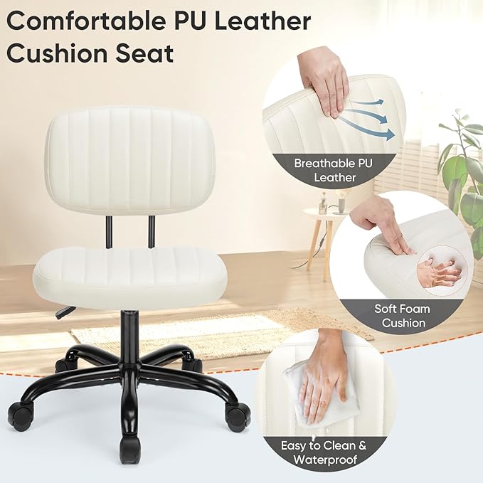 DUMOS Armless Home Office Chair Ergonomic Desk with Comfy Low Back Lumbar Support, Height Adjustable PU Leather Computer Task with 360° Swivel Wheels, for Small Space, Kids and Adults, Beige White - LeafyLoom