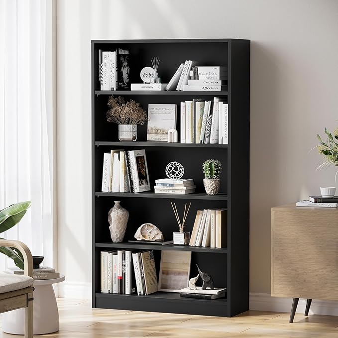 Soohow Black Bookcase,Bookshelf for Bedroom,60 inches Tall Wood Book case Book Shelves,5 Shelf Book Shelves for Living Room Office - LeafyLoom