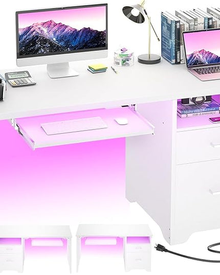 Reversible Computer Desk with File Drawers, 55 Inch Office Desk with RGB LED Light and Power Outlet, Sturdy Writing Desk with Keyboard Tray, Modern Study Table for Workstation Bedroom, White - LeafyLoom