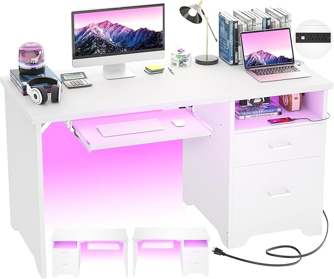 Reversible Computer Desk with File Drawers, 55 Inch Office Desk with RGB LED Light and Power Outlet, Sturdy Writing Desk with Keyboard Tray, Modern Study Table for Workstation Bedroom, White - LeafyLoom