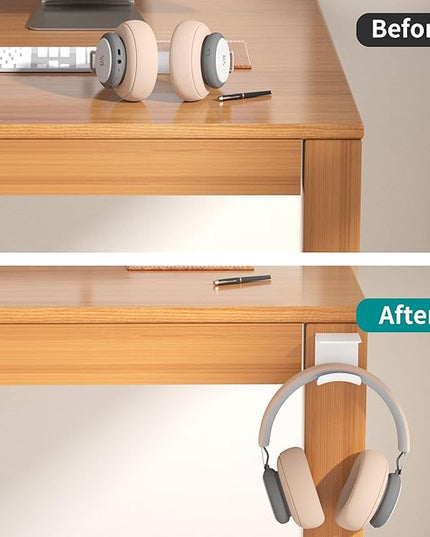 HomeMount Headphone Hook Under Desk - Headphone Holder Under Table, Adhesive Gaming Headphone Stand Hanger Desk Mount for Most Headphone(White-2P) - LeafyLoom