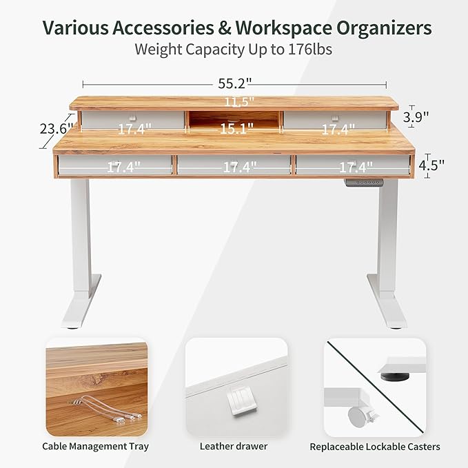 FEZIBO Height Adjustable Electric Standing Desk with 5 Drawers, 55 x 24 Inch Table with Storage Shelf, Sit Stand Desk White Frame/Light Rustic Top, 55 inch - LeafyLoom