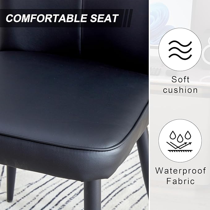 Modern Dining Chairs Set of 4, PU Leather Seat Cushions Black Dining Room Chair, with Black Metal Legs Kitchen Chair for Home Living Room, Restaurant, Black Chair Black Legs - LeafyLoom