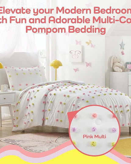 Mi Zone Kids Twin Comforter Set, Fun and Adorable Multi-Color Clipped Jacquard Pompom Bedding, Microfiber Lightweight All Seasons Down Alternative Bedding, Sham, Cora, Twin Pink Multi 2 Piece - LeafyLoom
