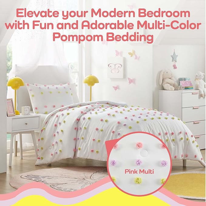 Mi Zone Kids Twin Comforter Set, Fun and Adorable Multi-Color Clipped Jacquard Pompom Bedding, Microfiber Lightweight All Seasons Down Alternative Bedding, Sham, Cora, Twin Pink Multi 2 Piece - LeafyLoom