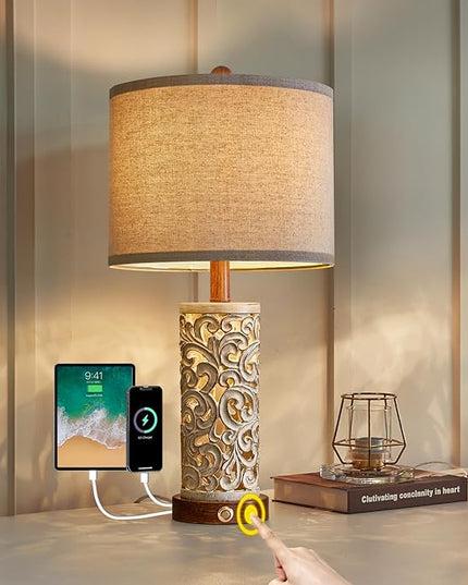 OYEARS 3-Way Dimmable 22'' USB A+C Touch Control Table Lamp with Nightlight for Living Room Bedroom Farmhouse Bedside Nightstand Lamps (Brown Bulb Included - LeafyLoom