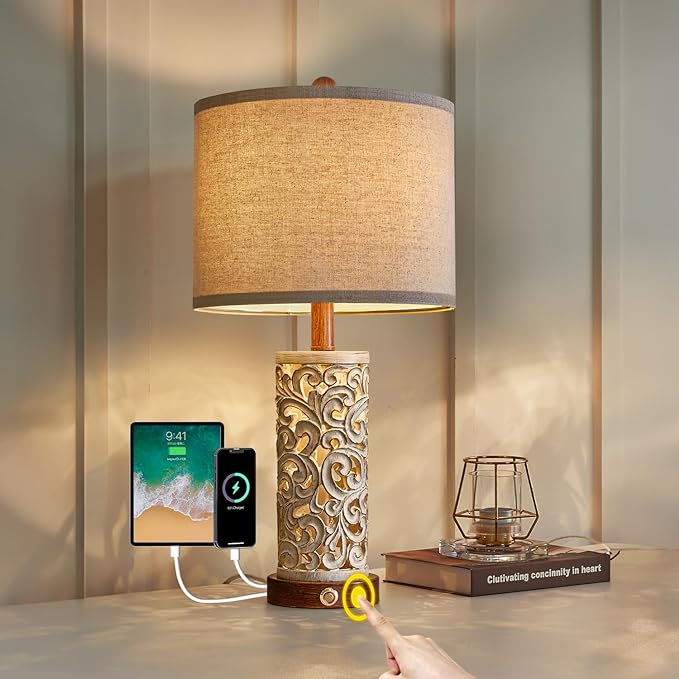 OYEARS 3-Way Dimmable 22'' USB A+C Touch Control Table Lamp with Nightlight for Living Room Bedroom Farmhouse Bedside Nightstand Lamps (Brown Bulb Included - LeafyLoom