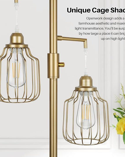 Dimmable Industrial Floor Lamp with 3 LED Edsion Bulbs, Farmhouse Tall Standing Lamp for Living Room, Modern Gold Tree Floor Lamp, Bright Vintage Pole Light with Cage Shades for Bedroom Home Decor - LeafyLoom