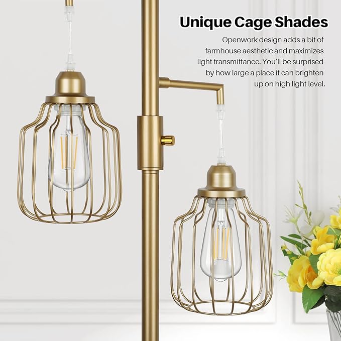 Dimmable Industrial Floor Lamp with 3 LED Edsion Bulbs, Farmhouse Tall Standing Lamp for Living Room, Modern Gold Tree Floor Lamp, Bright Vintage Pole Light with Cage Shades for Bedroom Home Decor - LeafyLoom