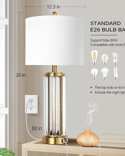 QiMH Gold Table Lamps for Bedroom Set of 2 with Nightlight, Modern Bedside Lamp with 2 USB Charging Port, Clear Nightstand Lamp for Living Room White Shade Home Light Decor(LED Bulbs Included) - LeafyLoom