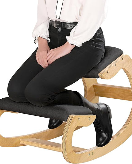 Predawn Ergonomic Kneeling Chair,Rocking Knee Chair Upright Posture Chair for Home Office Meditation Wooden & Linen Cushion-Office Chair for Back Neck Pain Relief & Improving Posture(White Oak-Black) - LeafyLoom