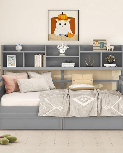 Merax Twin Wood Daybed with Bedside Shelves and Two Drawers Sofa Bed Frame for Kids Boys Girls/No Box Spring Needed Gray - LeafyLoom