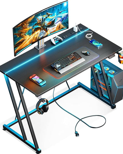 MOTPK Small Gaming Desk with LED Lights & Power Outlet, Computer Desk 39inch for Small Space, Cheap Gaming Table with Carbon Fiber Texture, Kids Desk Gift for Boys Men, Black - LeafyLoom