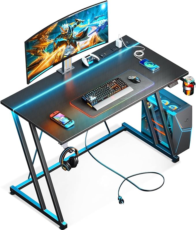 MOTPK Small Gaming Desk with LED Lights & Power Outlet, Computer Desk 39inch for Small Space, Cheap Gaming Table with Carbon Fiber Texture, Kids Desk Gift for Boys Men, Black - LeafyLoom