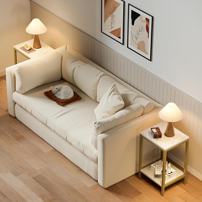 SAYGOER White Faux Marble End Tables Small Side Table with Storage Wood Night Stand Gold Metal Frames 2 Tier Bedside Table with Adjustable Feet, 1PCS, White Gold - LeafyLoom