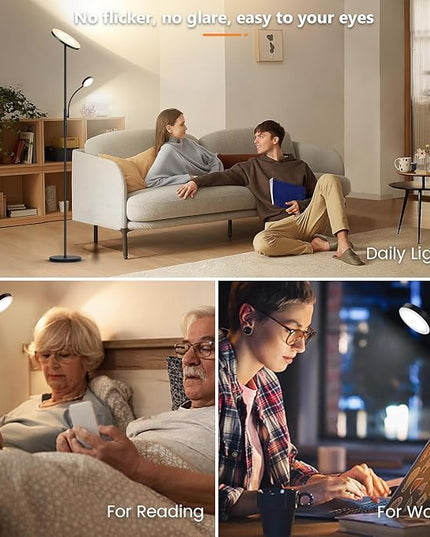Upgraded Torchiere Floor Lamps with Reading Light, Super Bright Floor Lamps, Dimmable 3000K-6000K LED Sky Standing Lamp, Tall Lamp with Remote & Touch Control for Living Room Bedroom Office - LeafyLoom