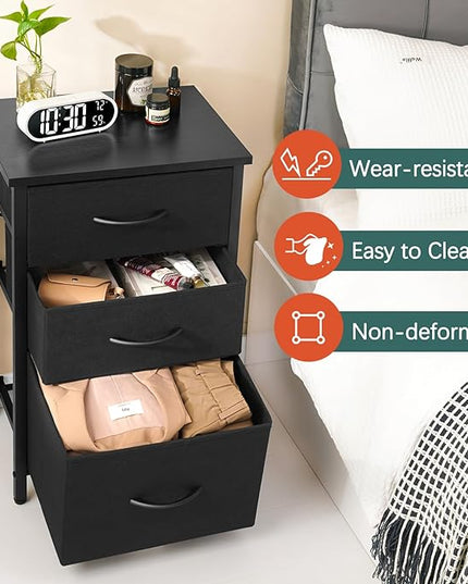 Yoobure Nightstand with Drawer, Night Stand Bedside Table with 3 Storage Drawers, Kid Nightstand with Three Fabric Drawer Modern Night Table, Bed Side Tables for Bedroom, Dorm and Small Spaces - LeafyLoom